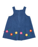 Floral-Trim Corduroy Jumper, Blue, Size 2-6