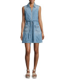 Belted Zip-Front Denim Dress, Indigo