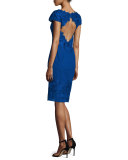 Lace Open-Back Embroidered Cocktail Dress, Royal
