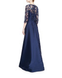 3/4-Sleeve Embellished Floral Tulle Ball Gown, Navy