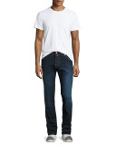 Dark-Wash Straight-Leg Stretch-Denim Jeans with Red Stitching, Blue