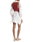 Long-Sleeve Feather-Print Shirtdress, White/Gold