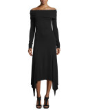 Off-the-Shoulder Handkerchief-Hem Dress, Black