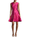 Leopard-Jacquard Fit-and-Flare Dress, Currant/Hot Pink