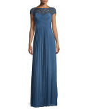 Cap-Sleeve Beaded Lace-Trim Chiffon Gown