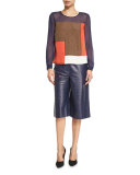 Reagan Long-Sleeve Silk Colorblock Top, Midnight/Orange/Canvas