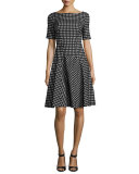 Reversible Gingham Jacquard Boat-Neck Dress, White/Black