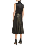 Aria Lamb Leather Godet Midi Skirt, Black