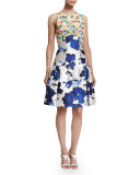 Floral-Motif Mixed-Media Dress, Marine Blue