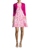 Rose-Jacquard Sleeveless A-Line Dress, Hot Pink/White