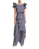 Ruffled Striped Pareo Skirt, Blue/White