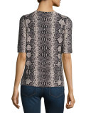 Snakeskin-Print Short-Sleeve Sweater, Pink Champagne