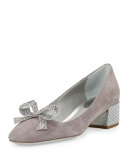 Crystal Bow 30mm Chunky-Heel Pump, Gray