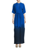 Short-Sleeve Dip-Dyed Silk Maxi Dress, Cobalt/Navy