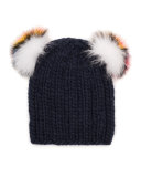 Mimi Knit Beanie Hat w/Fur Pompoms, Navy