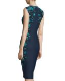 Sleeveless Embroidered Sheath Dress, Green/Multi