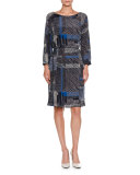 Grid-Print Belted Long-Sleeve Dress, Navy