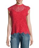 Allie Floral Lace Cap-Sleeve Top, Red