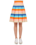 Striped Pleated A-Line Skirt, Turquoise/Marigold