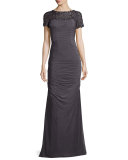 Ruched Tulle & Beaded Lace Gown, Gunmetal