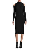 Cold-Shoulder Ribbed Merino Midi Dress, Black
