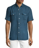 Linen Short-Sleeve Shirt, Navy