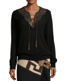 Embroidered Leather-Trim Cashmere Sweater, Black/Brown