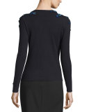 Long-Sleeve Embellished Sweater, Black