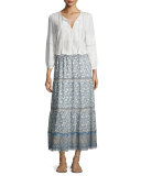 Kenath Floral-Print Silk Prairie Skirt, White/Blue