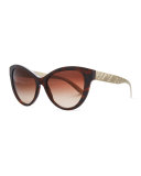 Check-Embossed Cat-Eye Sunglasses, Dark Tortoise