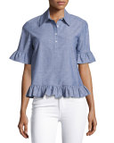Barnsley Ruffle-Trim Half-Placket Shirt, Light Blue