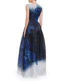 Dramatic Floral-Print Satin Gown, Navy/Multi
