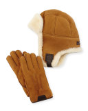 Sheepskin Trapper Hat & Gloves Set, Chestnut
