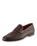 Woven Leather & Alligator Penny Loafer, Brown