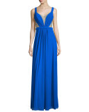 Sleeveless Illusion Beaded V-Neck Gown, Electric Blue