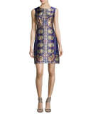 Sleeveless Floral Paisley Silk Cocktail Dress, Plum/Multicolor