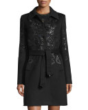 Embellished Button-Front Long Coat, Black