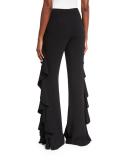 Saphir Ruffle Wide-Leg Pants, Black