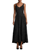 Sleeveless V-Neck Corded Lace Gown, Black