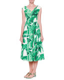 Cap-Sleeve Banana Leaf-Print Midi Dress, White/Green
