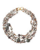 Three-Strand Pearly Bead & Pavé Sphere Bib Necklace
