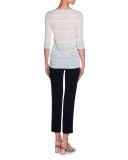 Striped 3/4-Sleeve Scoop-Neck Sweater, Light Blue/White