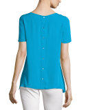 Maggy Short-Sleeve Silk Button-Back Top, Capri Blue