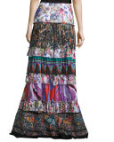 Mixed-Print Tiered Maxi Peasant Skirt, Multicolor