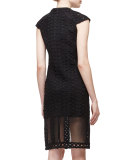 Cap-Sleeve Tread-Lace Sheath Dress, Black