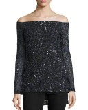 Sequined Off-the-Shoulder Top, Black