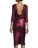 3/4-Sleeve Cowl-Back Sequined Dress