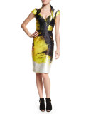 Anemone Cap-Sleeve Sheath Dress, Black/Yellow