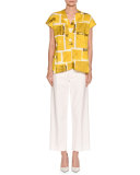 Printed Cap-Sleeve Blouse, Yellow