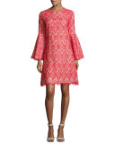 Libby Bell-Sleeve Geometric Lace Cocktail Dress, Bright Red